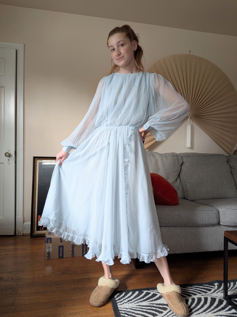 1970s Light Blue Long Sleeve Chiffon Dress